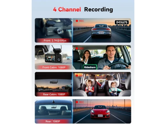 4-Channel Dash Camera with 360° Inside and Outside Recording, 2.7K Front and 1080P Cabin and Rear — Dash Cam, REDTIGER