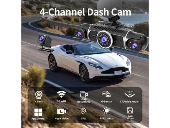 4-Channel Dash Camera with 64GB Card — Dash Cam, TUKO