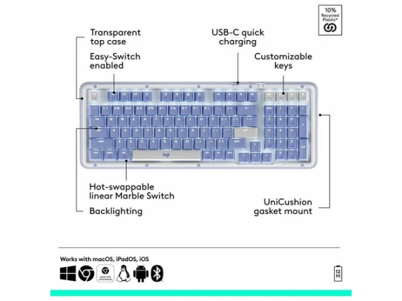 Wireless Mechanical Keyboard, Full-Size, Backlit — Bluetooth Keyboard, Logitech