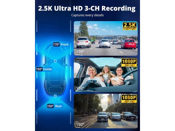 3-Channel Dash Camera with 64GB Card — Dash Cam, TUKO