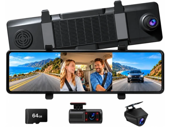 3-Channel Mirror Dash Cam, 4K, 5.8GHz Wi-Fi — Dash Cam, TUKO