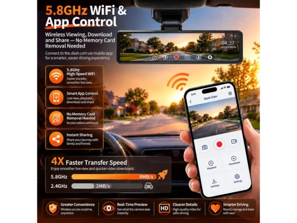 3-Channel Mirror Dash Cam, 4K, 5.8GHz Wi-Fi — Dash Cam, TUKO