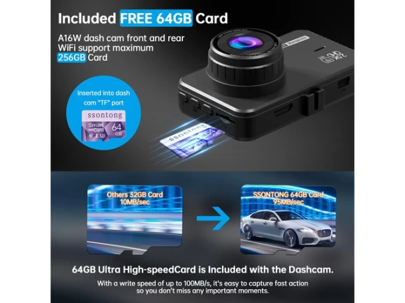 Front-and-rear dash camera with 64GB card — Dash Cam, RUOCLRIS