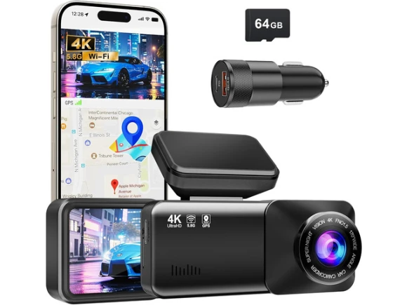4K Front Dash Camera with 64GB Card and 48W A+C Car Charger — Dash Cam, SOYE