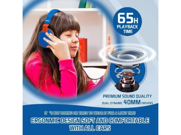 Blue Foldable Over-Ear Kids Headphones — Wireless Earbuds, MIDOLA