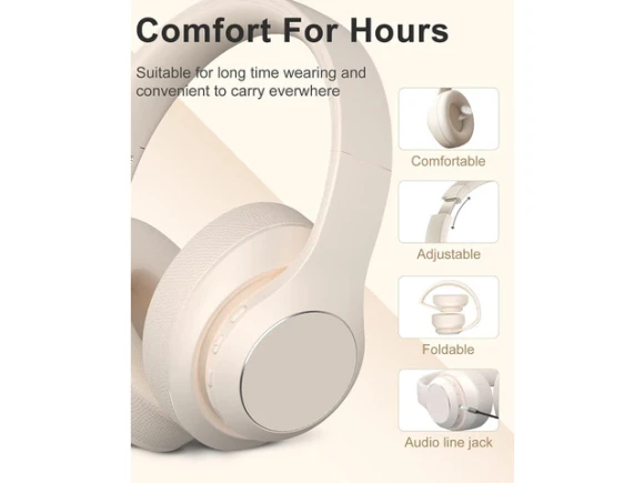 Beige Bluetooth Over-Ear Headphones — Wireless Earbuds, TUKO