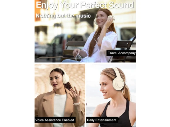 Beige Bluetooth Over-Ear Headphones — Wireless Earbuds, TUKO