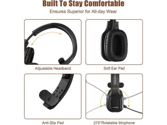 Bluetooth Headset with Noise Cancellation and Microphone Mute — Wireless Earbuds, COMEXION