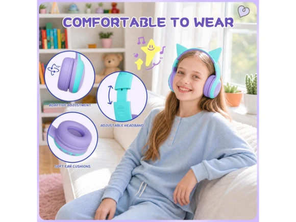 Over-ear Bluetooth Headphones for Kids, Purple, Cat Ears — Wireless Earbuds, Generic Logic, Inc.