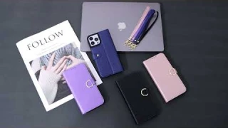 iPhone 13 leather wallet case with card slot, kickstand and wrist strap