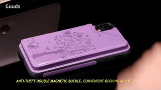 GUUDS Luxury R61 Tree Cat Magnetic Stand Card Leather Phone Case
