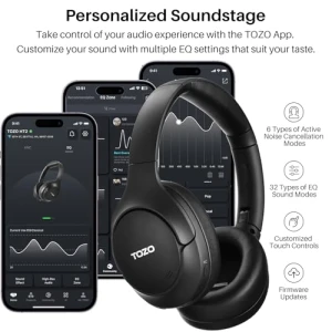 Hybrid Active Noise Cancelling Headphones, Wireless Over Ear Bluetooth Headset, 60H Playtime, Hi-Res Audio — Wireless Earbuds, TOZO