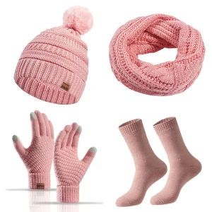 Warm Knitted Hat, Soft Touchscreen Gloves, Women's Hat, Scarf, Gloves, Socks Set, CDjiangqi