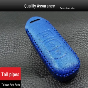 Hand-Stitched Blue PU Leather Smart Key Case, GearUp AutoMoto