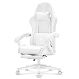 White Gaming Chair with Footrest, Massage, and Reclining — Ergonomic Chair, TUKAKA