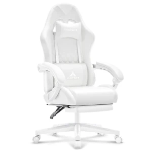White Gaming Chair with Footrest, Massage, and Reclining — Smart Chairs, TUKAKA
