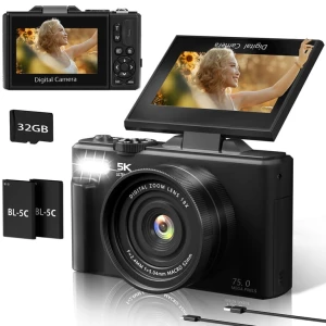 5K UHD & 75MP Digital Camera with WiFi, 18X Zoom, Flip Screen