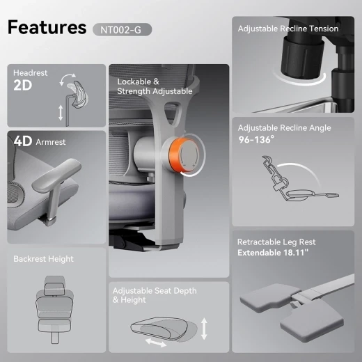Ergonomic Chair with Adjustable Backrest, Armrest, Headrest, and Footrest - Grey — Ergonomic Chair, NEWTRAL