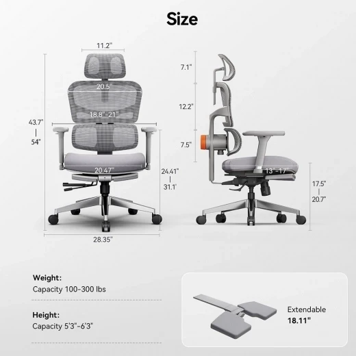 Ergonomic Chair with Adjustable Backrest, Armrest, Headrest, and Footrest - Grey — Ergonomic Chair, NEWTRAL