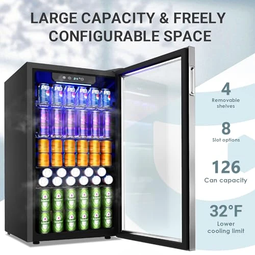 126 Can Mini Beverage Refrigerator with Glass Door, EUHOMY