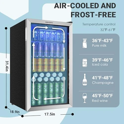 126 Can Mini Beverage Refrigerator with Glass Door, EUHOMY
