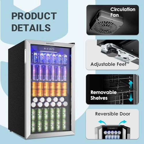 126 Can Mini Beverage Refrigerator with Glass Door, EUHOMY