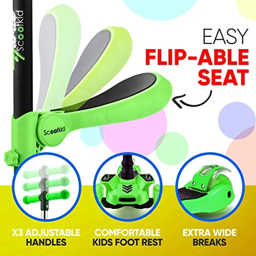 3 Wheeled Scooter for Kids - 2-in-1 Sit/Stand Kick Scooter with Flip-out Seat, Adjustable Height, Wide Deck, and..., Hurtle
