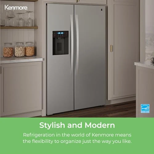 Counter-Depth Side Refrigerator/Freezer with Water Dispenser, Ice Maker, Stainless Steel, Kenmore