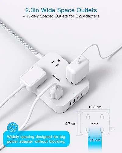 5ft Power Strip with 4 USB Ports (2 USB C) and 4 Outlets, HANYCONY