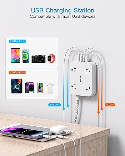 5ft Power Strip with 4 USB Ports (2 USB C) and 4 Outlets, HANYCONY