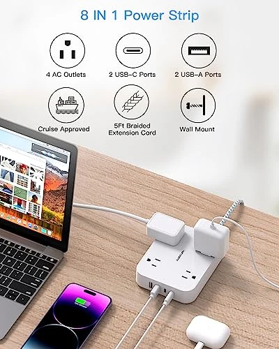 5ft Power Strip with 4 USB Ports (2 USB C) and 4 Outlets, HANYCONY