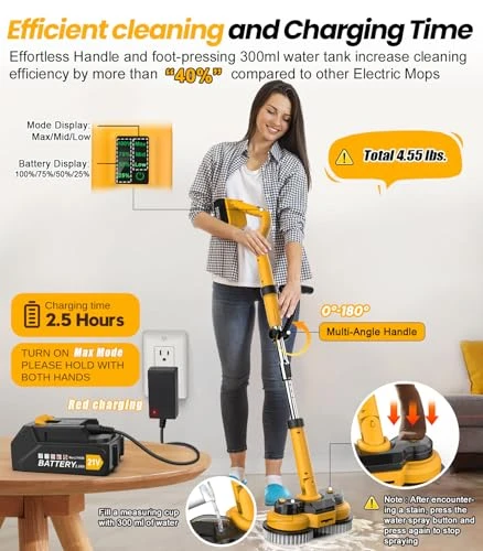 6000mAh Battery Electric Mop with Smart Display and LED Light, qimedo