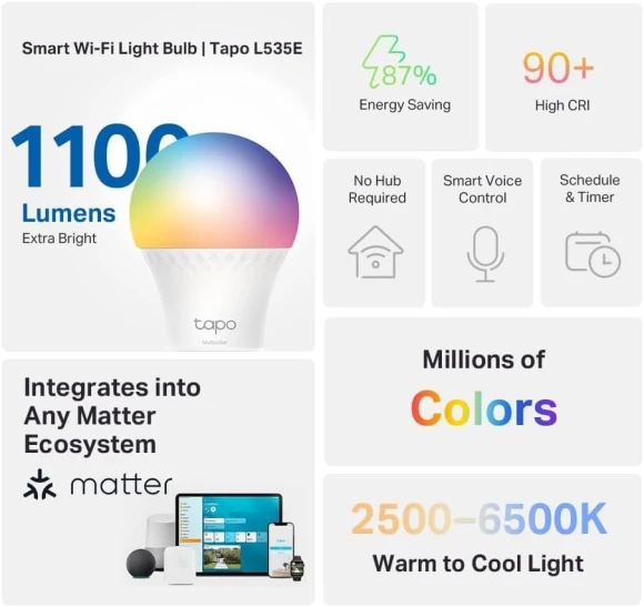 Smart Light Bulbs 16M Colors WiFi, Dimmable, Matter-Certified — Smart Light Bulb, Tapo