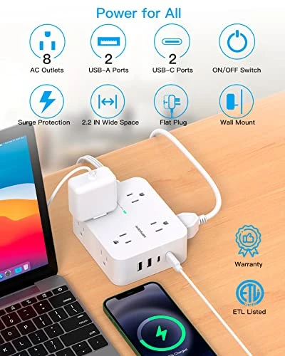 Surge Protector Power Strip with 8 Outlets and 4 USB Ports, HANYCONY