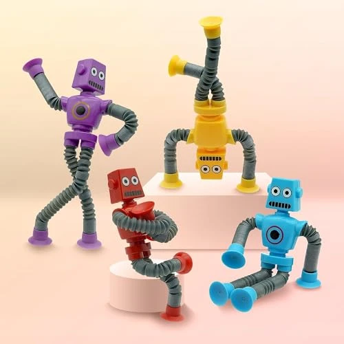 Suction Cup Robot Toy for Kids - 4 Pack Sensory Pop Tubes Robots, Limpskys