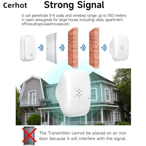 Self Powered Wireless Doorbell with 38 Songs, 100M Range, Waterproof