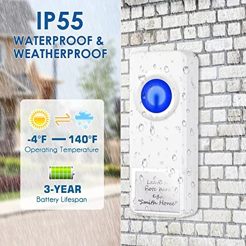 Waterproof Wireless Doorbell Kit with 1300-ft Range, 58 Melodies, LED Flash, PHYSEN