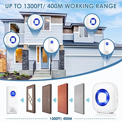 Waterproof Wireless Doorbell Kit with 1300-ft Range, 58 Melodies, LED Flash, PHYSEN