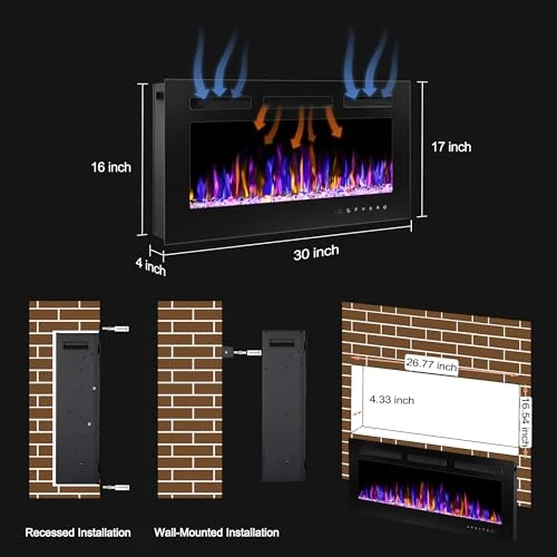 Electric Fireplace Wall Mounted and Recessed, BETELNUT