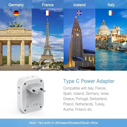 European Travel Plug Adapter with USB C, TESSAN