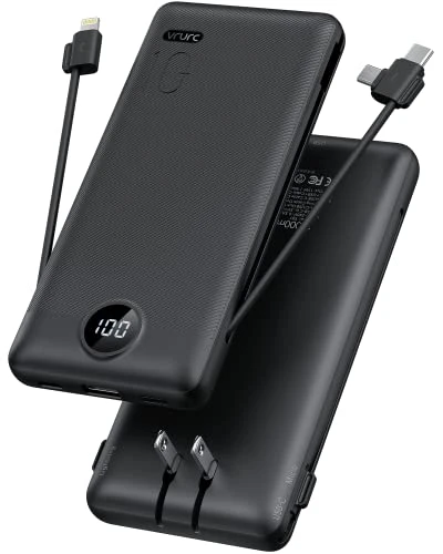 Portable Charger with Built-in Cables and AC Wall Plug — Power Bank, VRURC
