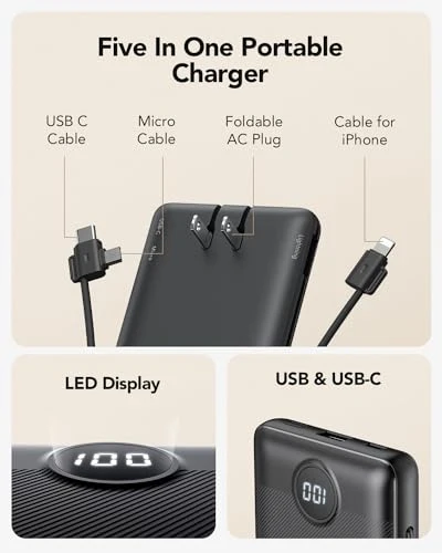 Portable Charger with Built-in Cables and AC Wall Plug — Power Bank, VRURC