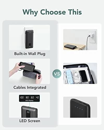 Portable Charger with Built-in Cables and Wall Plug — Power Bank, Charmast