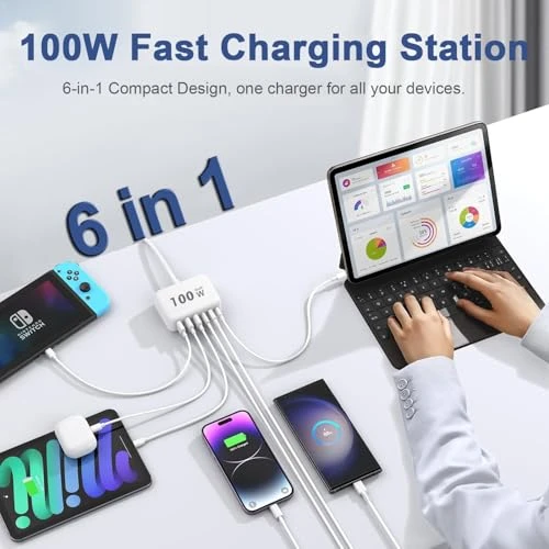 100W GaN 6 Port USB C Charging Station, Fitquipment