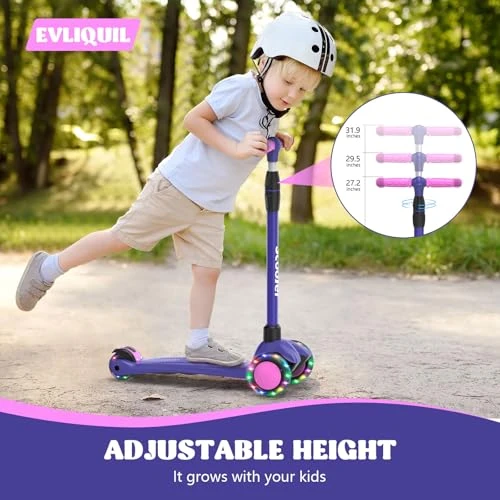LED Lighted Wheels Kids Scooter with Adjustable Handlebars, EVLIQUIL