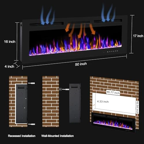Electric Fireplace Wall Mounted and Recessed with Remote Control, BETELNUT