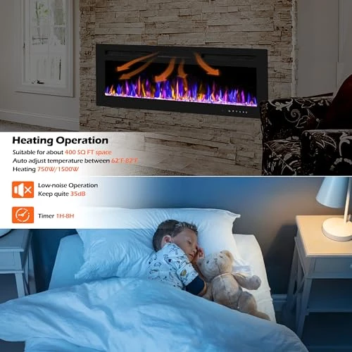 Electric Fireplace Wall Mounted and Recessed with Remote Control, BETELNUT