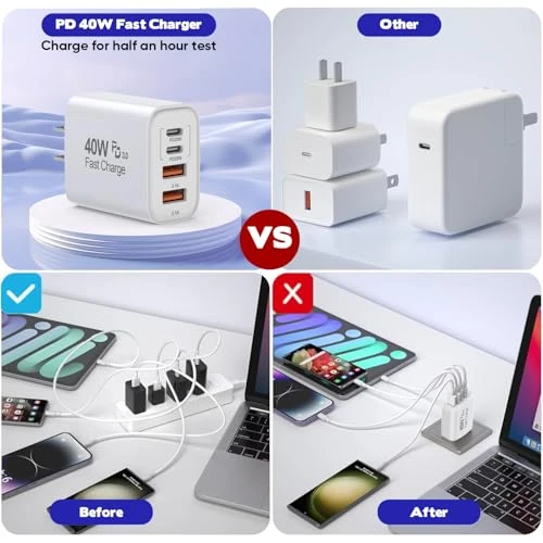 10FT USB C to C Charger Cable and 4-Port Wall Charger Block — Power Bank, Dazana