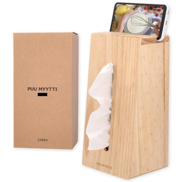 Natural Wood Tissue Box Case Smartphone Stand, Hidden Nest