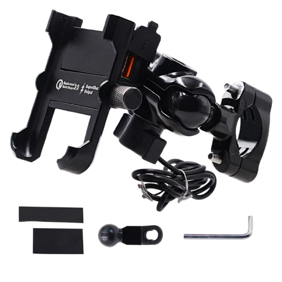 Waterproof Metal Motorcycle Smart Phone Mount with QC 3.0 USB Quick Charger, Cars Auto Home